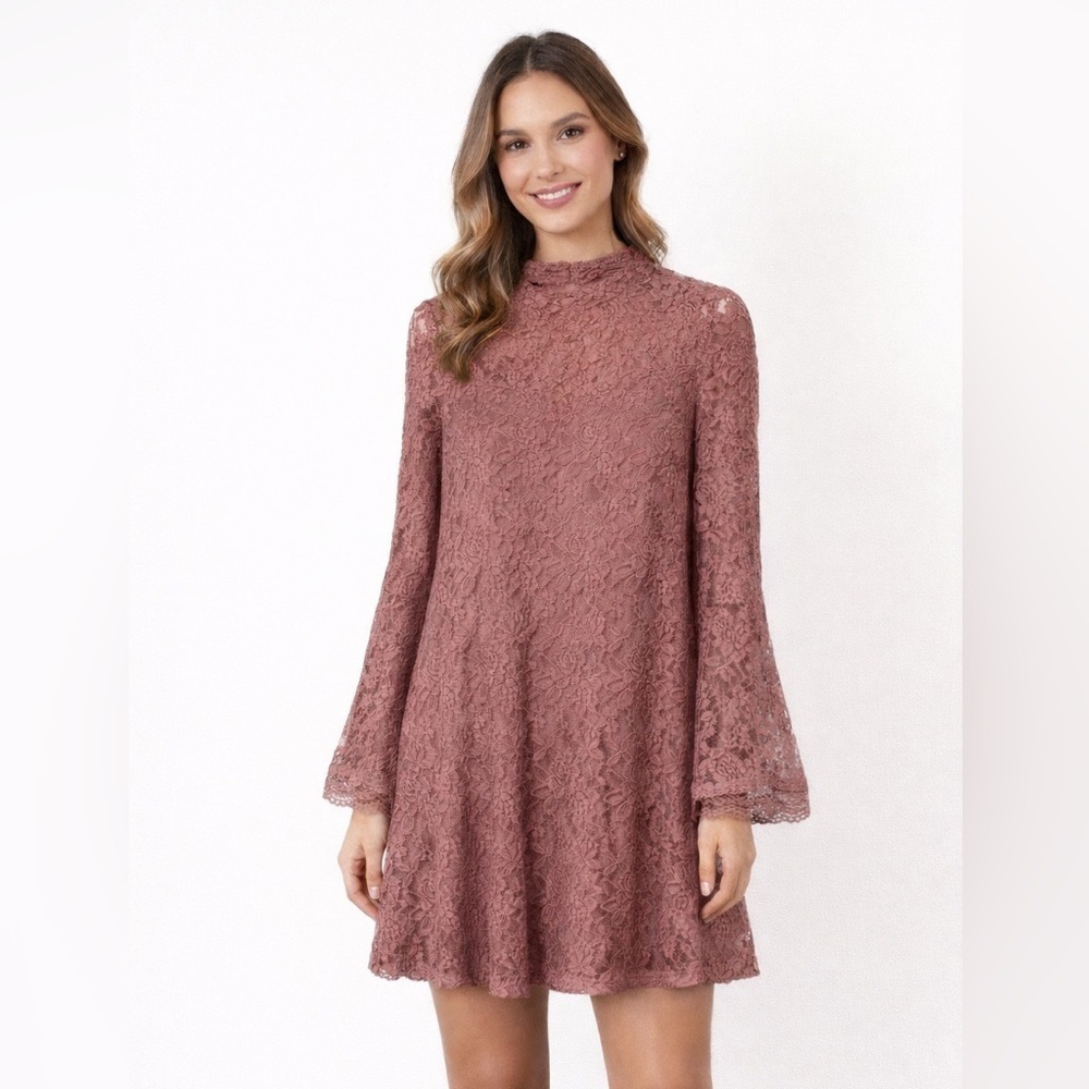 Adam Levine Mauve Lace Bell Sleeve Mock Neck Swing Dress NWT Size Large
